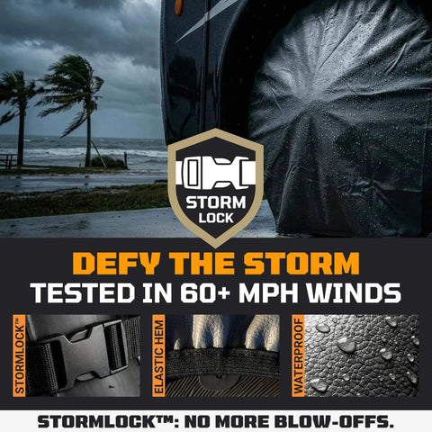 Heavy Duty Tire Covers Set Of Four For 26 To 28.75 Inch Tires, All Weather UV Resistant With StormLock System on vehicle in storm