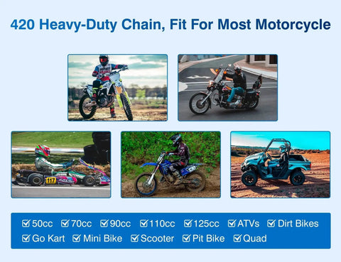Heavy Duty 420 Motorcycle Chain Kit With 132 Links And Chain Breaker For dirt bikes, ATVs, go-karts, scooters, and mini bikes.