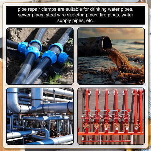Collage of pipes showing the use of 1 Inch Water Pipe Repair Clamp Kit With 8 Nuts, 8 Screws, And 16 Washers For 24mm To 26mm Pipes