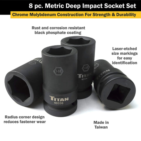 8-Piece 1-Inch Drive Metric Deep Impact Socket Set With Heavy-Duty Blow Molded Case, 6-Point Metric Sockets shown with size markings