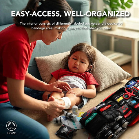 Parent using 430 Piece First Aid Kit With Easy Access, Well Organized Labeled Pockets And Dedicated Bandage Area For Quick Access, Waterproof Premium Trauma Medical Kit For Home, Office, Car, Travel, Outdoor Activities, Camping, Hiking, Boating, Red to tend to child's injury on couch