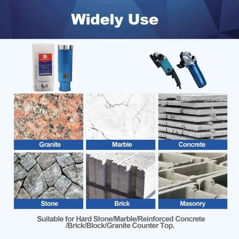 One And Three Eighths Inch Laser Welded Diamond Core Drill Bit For Granite Marble And Stone With Five Eighths Inch Thread Eleven UNC Dry Or Wet Drilling 35 Millimeter Hole Saw For Reinforced Concrete with images of uses.