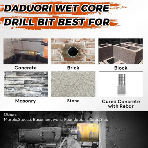 Heavy Duty 8 Inch Wet Core Drill Bit For Concrete And Masonry With 14 Inch Depth Diamond Grit Coated Cobalt Steel Core Bit Fits One And A Quarter Inch To Seven Thread Rebar Friendly Drills Through Brick Block Stucco Stone And Cement shown drilling various materials.