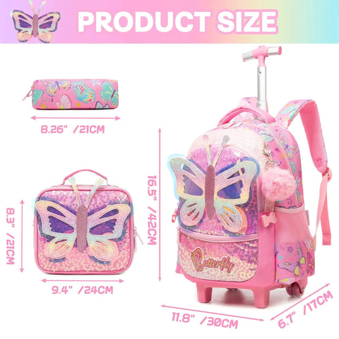 Rolling Backpack With Wheels For Girls 3 In 1 Travel Luggage Set Includes Lunch Box And Pencil Case Perfect For School And Sleepovers