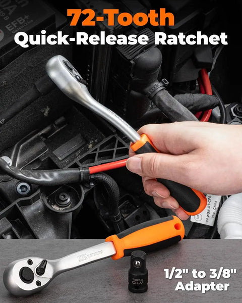 Pro Grade Oxygen Sensor Socket Set With Quick Release Ratchet shown in use with 1/2 to 3/8 inch adapter against car engine