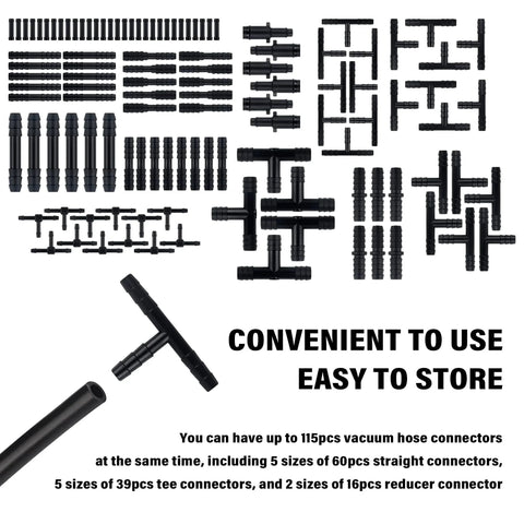 Dope 115 Piece Car Vacuum Hose Connector Kit With 12 Sizes Fittings Tee Straight Reducer Nylon Heat Resistant 240C 460F displayed