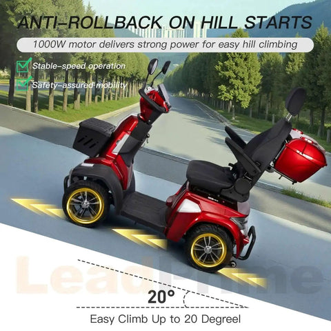 Heavy Duty Mobility Scooter For Seniors With 450 Lb Capacity, 500W Motor, 12 MPH Top Speed, side view on road.