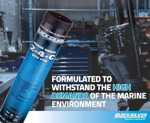All Purpose Marine Grease With PTFE 2 To 4 C NLGI 2 For Steering Cables Throttle Shift Remote Controls Prop Shaft And Swivel Pins Water Resistant 3 Oz Cartridge By Quicksilver LongLasting Formula For Salt Water Boats And Harsh Marine Environments displayed in a workshop.