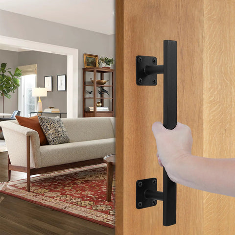Beefy 12 Inch Black Square Heavy Duty Metal Barn Door Pulls Pack Of 2 for interior closet door, hand pulling handle