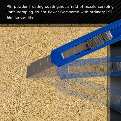 Close-up of a knife on Dual Sided Textured PEI Printing Bed For 3D Printers 235x235mm With Frosted PEI Surface.