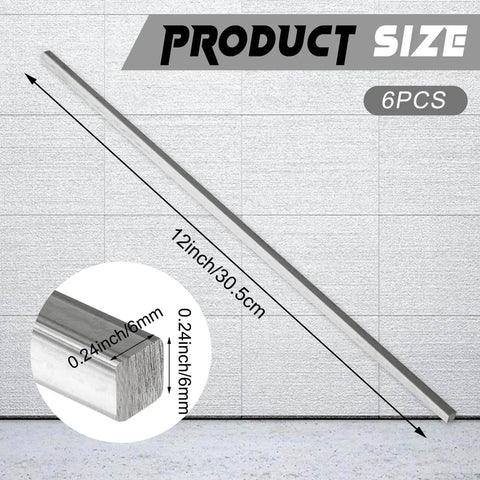Six Piece 1/4 Inch Square Steel Bar Stock Set Cold Drawn Precision Key Stock Metal Bars Each 12 Inches Long Ideal For Milling Lathe Projects And Fabrication Tasks product image showing bar dimensions.