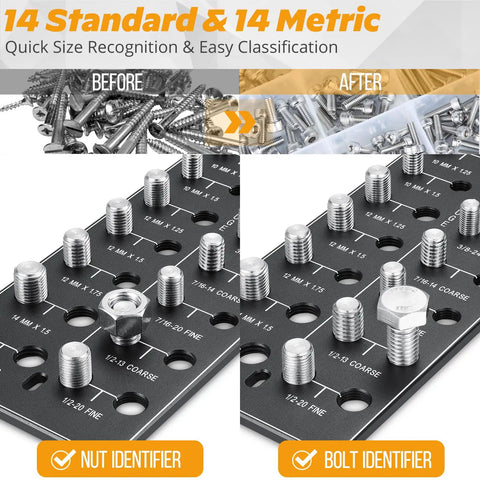 Thread Checker For Nuts And Bolts 14 Standard And 14 Metric Sizes Thread Pitch Gauge, before and after size recognition display.