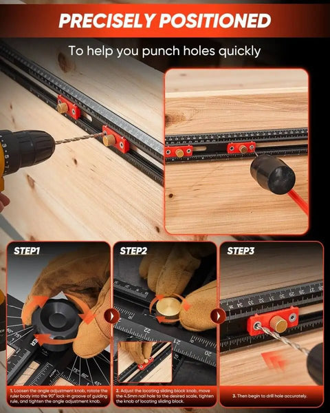 4 In 1 Scriber Marking Line Ruler 29.5 Inch Spliceable Extended T Square for DIY woodworking shown in use for cabinet drilling.
