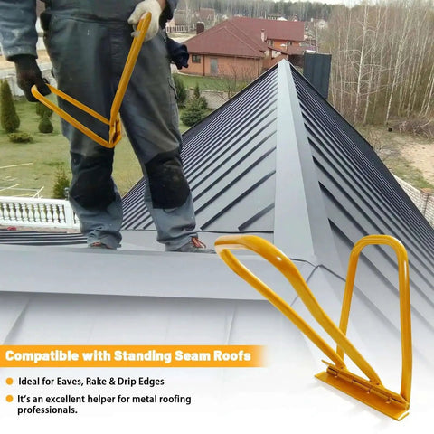 HTSL25E2 Roof Eaves Seam Bender for standing seam metal roofing, yellow tool in action, precise edge finish