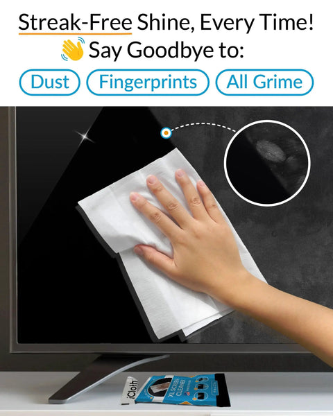 Person using XL Screen Cleaning Wipes For TVs And Monitors Lint Free Streak Free 60 Wipes on a TV screen to remove fingerprints