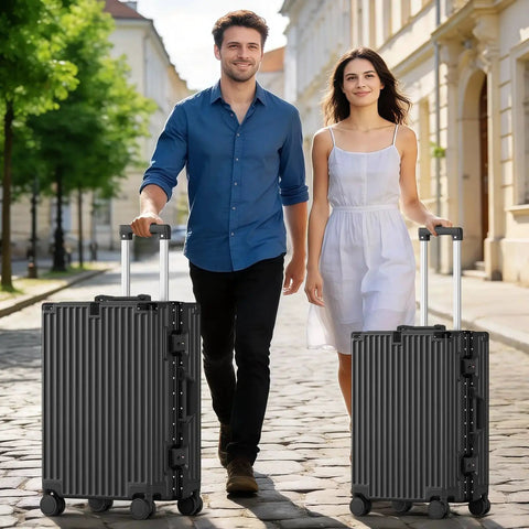 Two-piece set with 20 Inch Carry On Luggage With Aluminum Frame Zipperless Hard Shell And Spinner Wheels For Easy Travel in black, street view