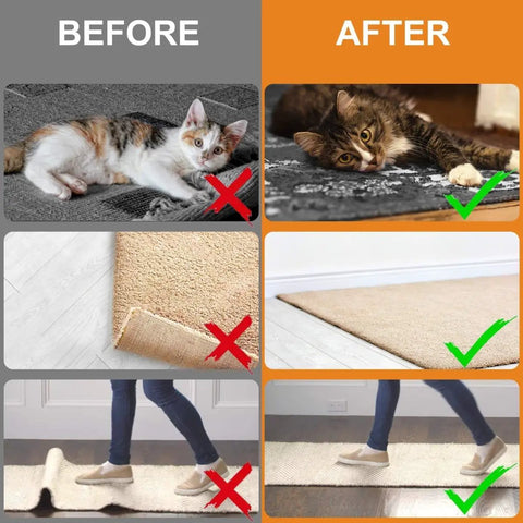 Comparison of rugs with and without Non Slip Rug Tape 12 Pack Reusable Washable Grippers For Rugs Double Sided No Slip Rug Pads For Hardwood Floors Rug Stoppers To Stop Slipping And Curling Indoors Or Outdoors White.