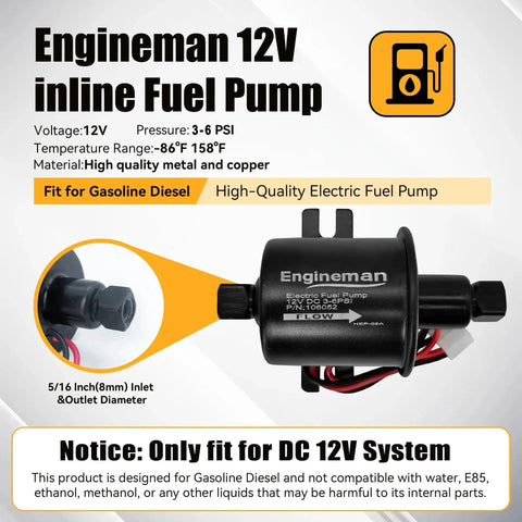 Universal 12V Electric Fuel Pump Kit With Low Pressure 3 To 6 PSI, includes fuel filter and 5/16 inch ID fuel line, replacement for carburetor lawn mower gas and diesel engines.