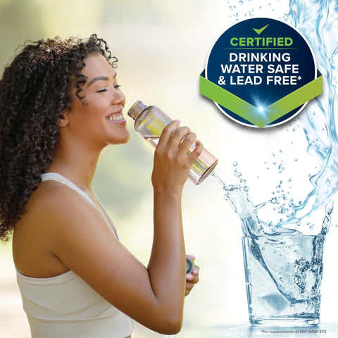 Camco brass water pressure regulator with gauge; badge shows drinking water safe & lead free; woman drinking water.
