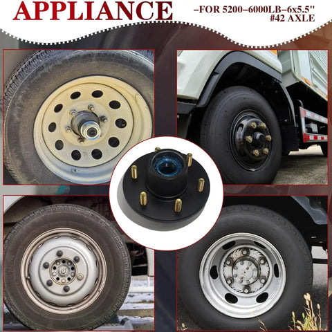 Heavy Duty Trailer Hub Kit 6 On 5.5 Inch For 5200 To 6000 Lbs Trailers, Fits 1-1/4 To 1-3/4 Inch Round Axles, 6 Lug Bolt Pattern
