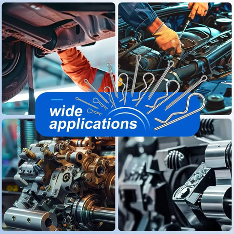 Collage showing wide applications of Premium 220 Piece Cotter Pin Assortment Kit Featuring 13 Sizes In 304 Stainless Steel