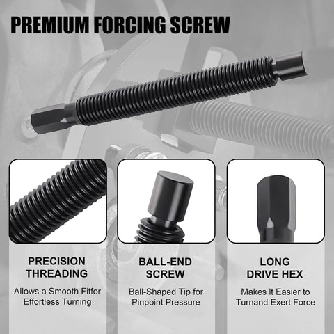 Detailed view of wheel hub removal tool's premium forcing screw with precision threading and ball-end design for cars and trucks.