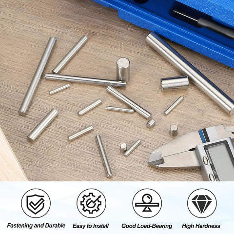 316 Stainless Steel Dowel Pins, 12 Pcs, 6x12 Mm Cylindrical Shelf Support Pins displayed on wooden surface with caliper