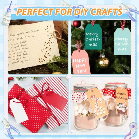 Collage of DIY crafts including greeting card, gift tags, wrapped presents, and decorated jars for holiday gifting ideas.