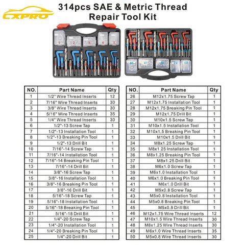 314Pcs Helicoil Thread Repair Kit With SAE And Metric Inserts, Drill Bits Taps displayed inside open case.