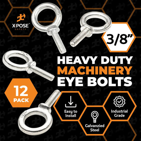 Heavy Duty Three Eighths Inch Threaded Eye Bolt Sixteen Threads Per Inch One And One Quarter Inch Shoulder Galvanized Steel Industrial Strength Lifting Eye Bolts For Machinery Hoists Anchors Towing And More 12 Pack image showing the eye bolts with labels indicating features like easy to install and industrial grade.