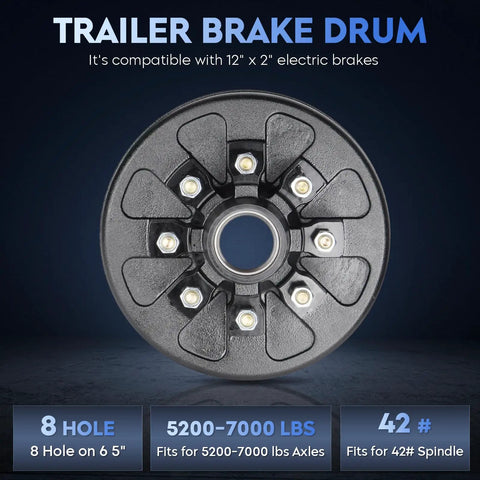 Front view of trailer brake drum hub with eight lug holes on a 6.5 inch bolt circle for 12 x 2 inch electric brakes