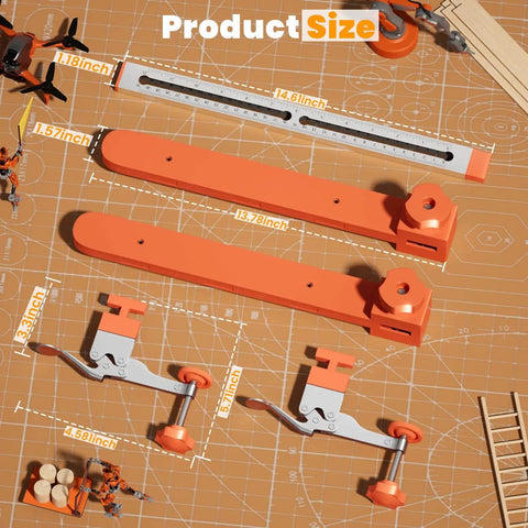Adjustable Drawer Slide Jig With Toggle Clamp And Magnetic Arm For Precision Cabinet Installations, view of component sizes
