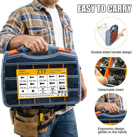 Person carrying 380PCS Flange Bolt Kit With Nuts And Washers For Metric M6 M8 And M10 Bolts 12 16 20 25 30 40mm case