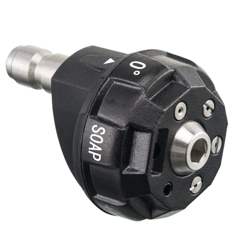 Six In One Pressure Washer Nozzle Tips With One Quarter Inch Quick Connect And Adjustable Angles 0 Degree 15 Degree 25 Degree 40 Degree Plus Soap Up To 4000 PSI Easy Changeover By JOEJET For Home Use, black nozzle with adjustable spray options, and quick-connect fitting.