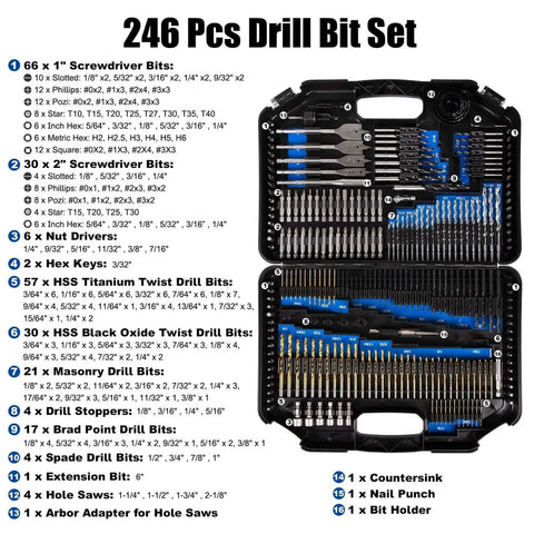 All In One 246 Piece Drill Bit Set For Cordless Drills With Wood Metal Masonry Cement Bits And Screwdriver Bits Versatile DIYers Home Improvement Combo Kit For Drilling And Driving in black carrying case.