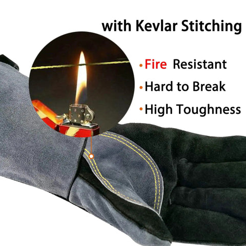 16 Inch Leather Welding Gloves 932F Heat Resistant Large Mitt For BBQ Oven Grill Fireplace TIG MIG Forge Baking Stove Animal Handling And More Black Gray with Kevlar stitching detail.