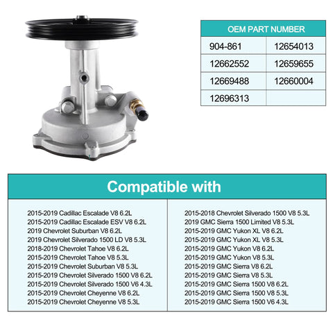 AULINK 904-861 vacuum pump with black pulley, silver aluminum body; fits GM SUVs and pickups 2014–2020