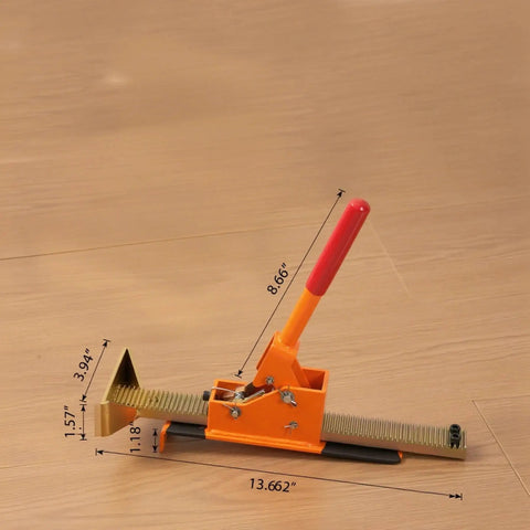 Close-up of Ratcheting Flooring Jack Hardwood Laminate Plank Tongue And Groove Straightener on wooden floor with dimensions visible