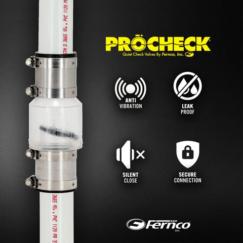 ProCheck 1-1/2 in silent sump pump valve with stainless steel vibration-resistant couplings on white PVC pipe Fernco