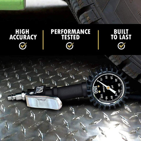JACO FlowPro tire inflator with pressure gauge, black handle and silver air chuck, 100 psi