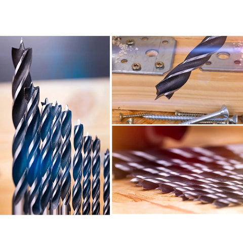 12 Piece Brad Point Wood Drill Bit Set For Woodworking And Carpentry, Double Flute Design With 1/4 Inch Hex Shank, SAE Sizes 1/8 To 1/2