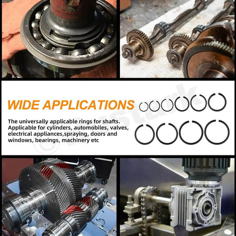 Image showing the use of 150Pcs 10 Size 65Mn Steel Round Wire Snap Rings Set in mechanical assemblies and varied applications.