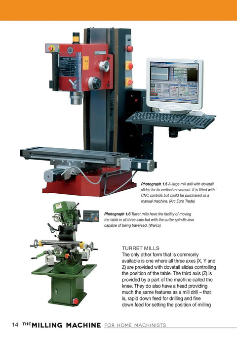 Milling Machine For Home Machinists The Practical Handbook For Choosing Installing And Operating A Milling Machine In Your Home Workshop With 150 Plus Photos And Diagrams featuring two milling machines, one with a digital control panel.