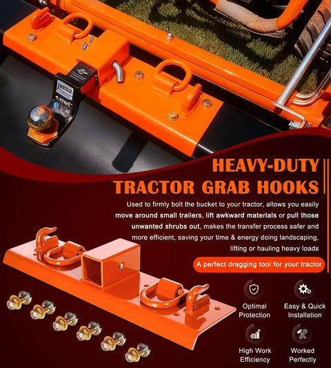 Bolt On Tractor Grab Hooks For Kubota Buckets With D Rings 2In Receiver Orange, installed on tractor bucket, top view
