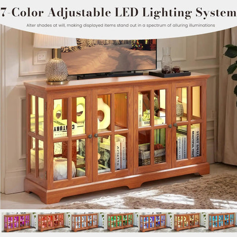 59 Inch LED Curio Cabinet With Seven Color Lights, a vintage glass display case, dark oak finish, in living room setting