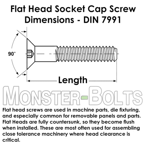 Diagram showing M4 X 10mm Flat Head Socket Cap Screws DIN 7991 Alloy Steel Black Oxide dimensions and features.