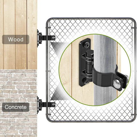 Heavy Duty Gate Hinges For Chain Link Fence Parts With Electroplated Finish And Removable Bolts For Wall Mount Fits One And Seven Eighths Inch Outer Diameter Posts Suitable For Farm And Fence Gates Black 2 Pack showing installation on wood and concrete