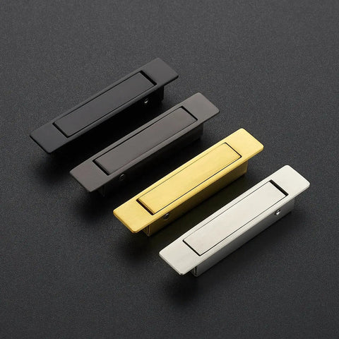 Four pocket door pull handle edge pulls in black, bronze, gold, and satin nickel; flush mount design for sliding doors.