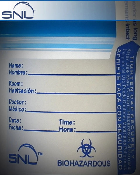 Sterile specimen cup packaging insert for 3 oz cups with blue cover, SNL logo, blank patient info form and biohazard symbol