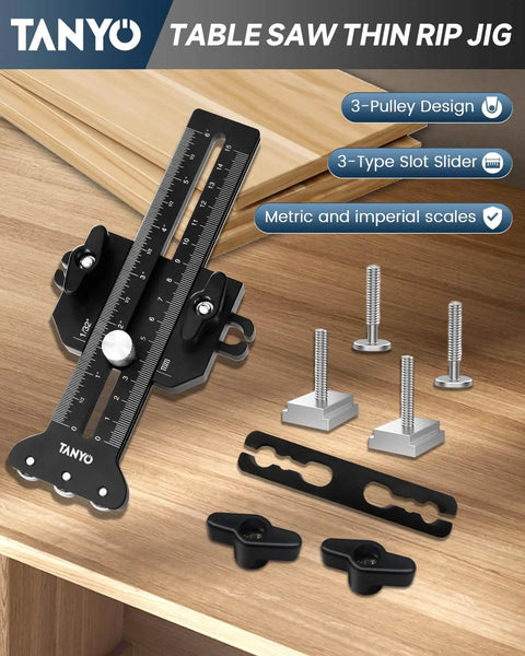 Triple Pulley Thin Rip Jig for Table Saw and Router Table with accessories, fits 3/8 x 3/4 U Slot and 1/4 x 3/8 T Slot.
